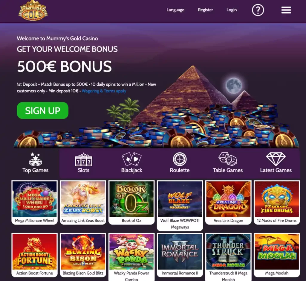 Mummys Gold Casino desktop top games screenshot showing top-rated game tiles, leaderboards and featured provider logos in the casino lobby - tested