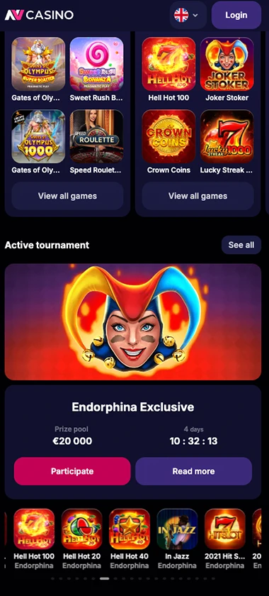 NV Casino mobile homepage screenshot showing featured games, navigation menu and promotional banner on the mobile interface   tested