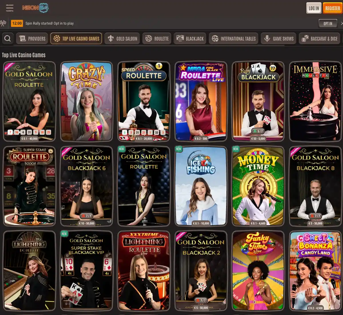 Neon54 Casino desktop live casino screenshot displaying real dealer tables including roulette, blackjack and baccarat with lobby navigation and betting interface   tested