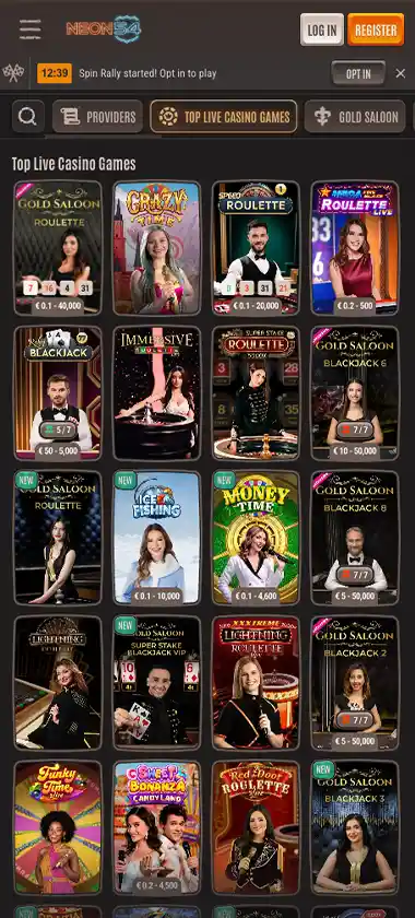 Neon54 Casino mobile live casino screenshot displaying live dealer tables including roulette, blackjack and baccarat with mobile lobby navigation and betting interface - tested