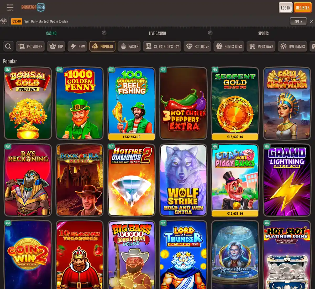 Neon54 Casino desktop popular games screenshot showing top rated game tiles, leaderboards and featured provider logos in the casino lobby   tested