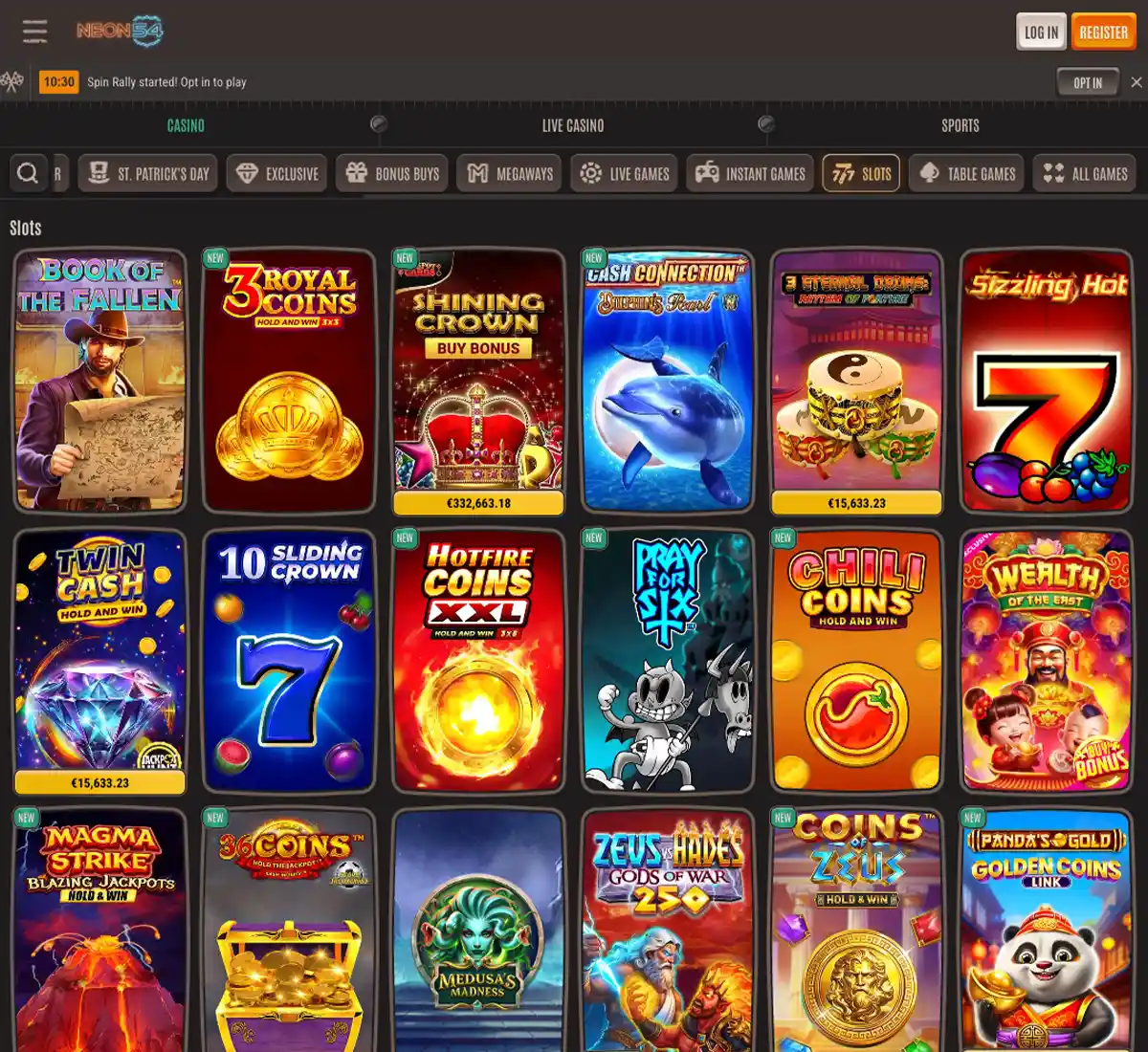 Neon54 Casino desktop slots screenshot showing slot categories, featured titles and game providers in the casino lobby   tested