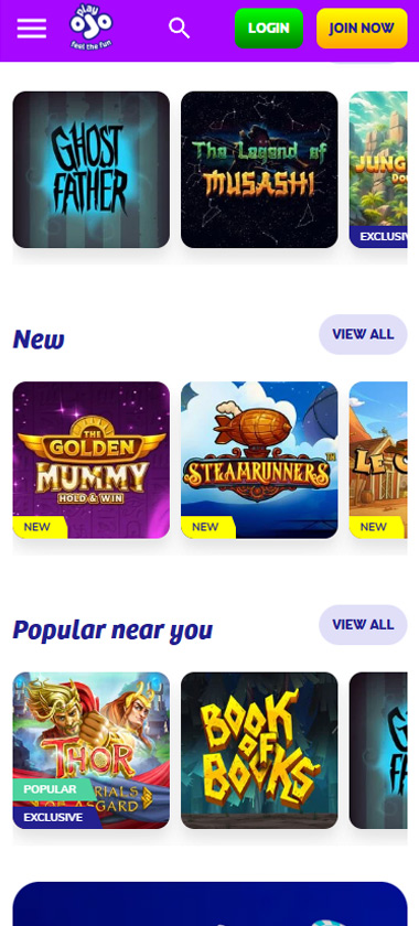 PlayOJO Casino mobile home page screenshot displaying main navigation, featured games and mobile-friendly interface - tested