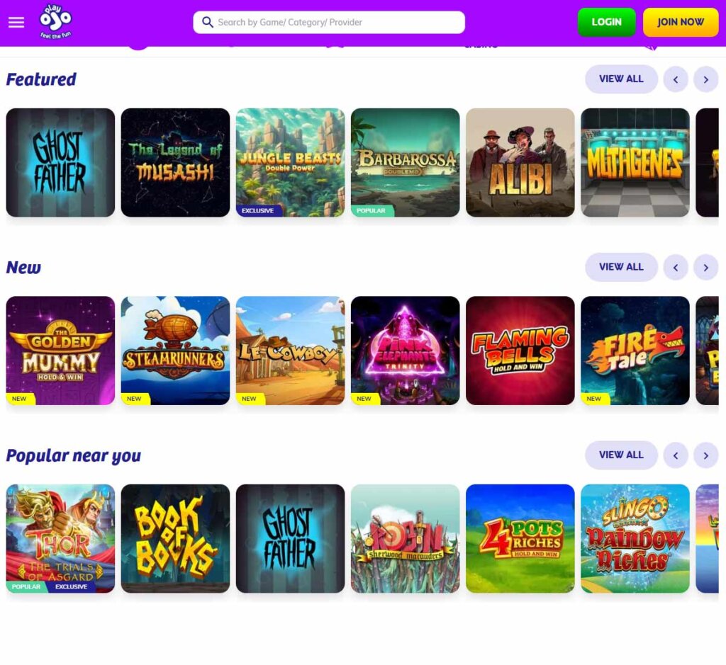 PlayOJO Casino desktop home page screenshot showing main navigation, featured games and promotional banners - tested