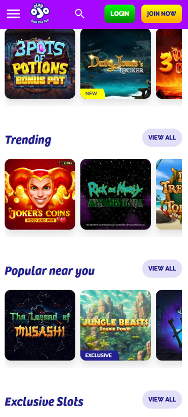 PlayOJO Casino mobile slots variety screenshot displaying featured slots, categories and touch-optimized navigation - tested
