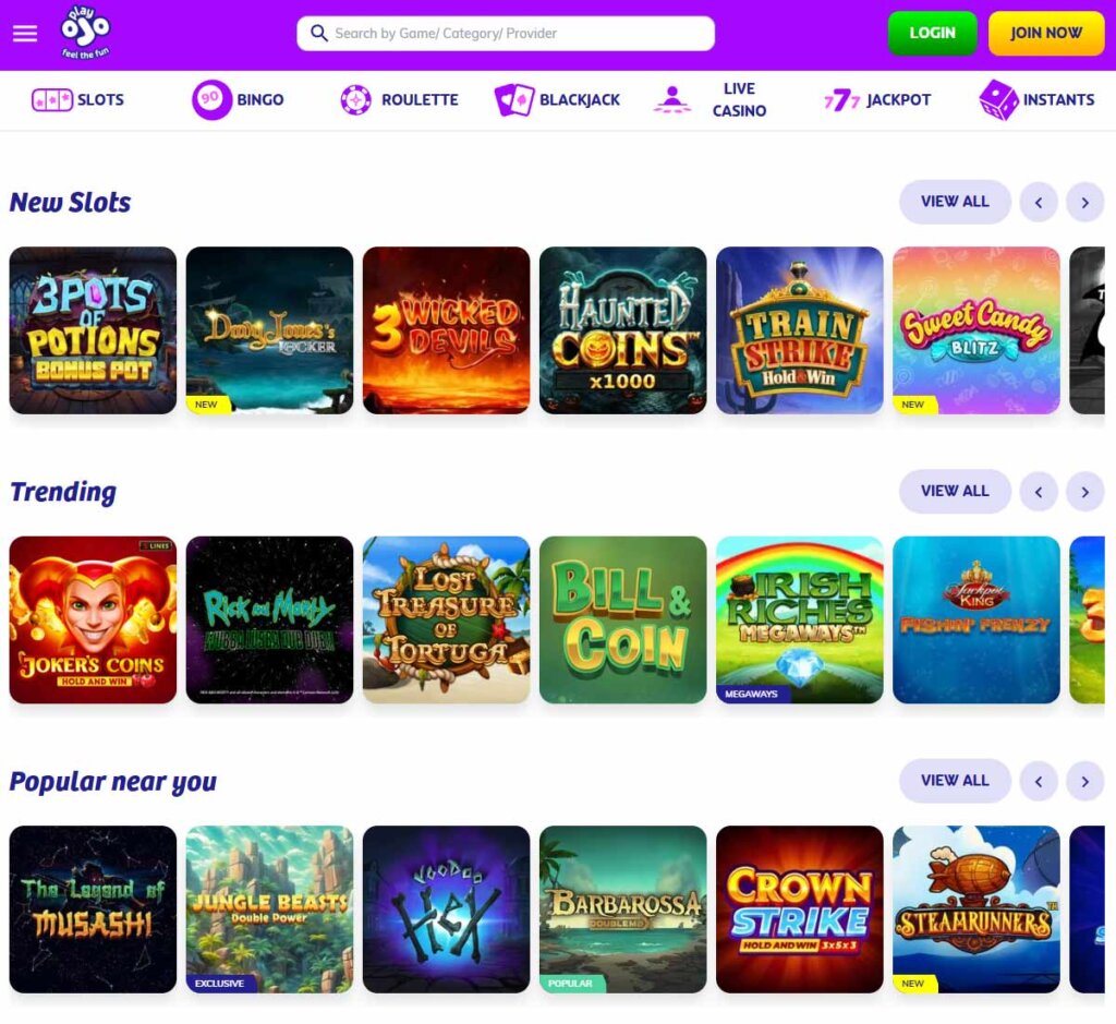 PlayOJO Casino desktop slots variety screenshot showing multiple slot categories, featured games and provider filters - tested