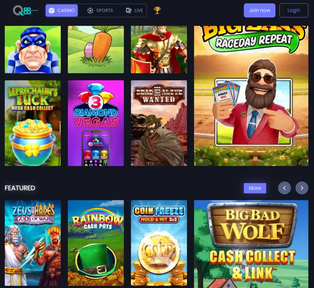 Q88Bets Casino desktop homepage screenshot showing casino lobby with featured games, promotions and top navigation - tested