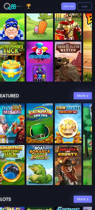 Q88Bets Casino mobile homepage screenshot showing featured games, navigation menu and promotional banner on the mobile interface - tested