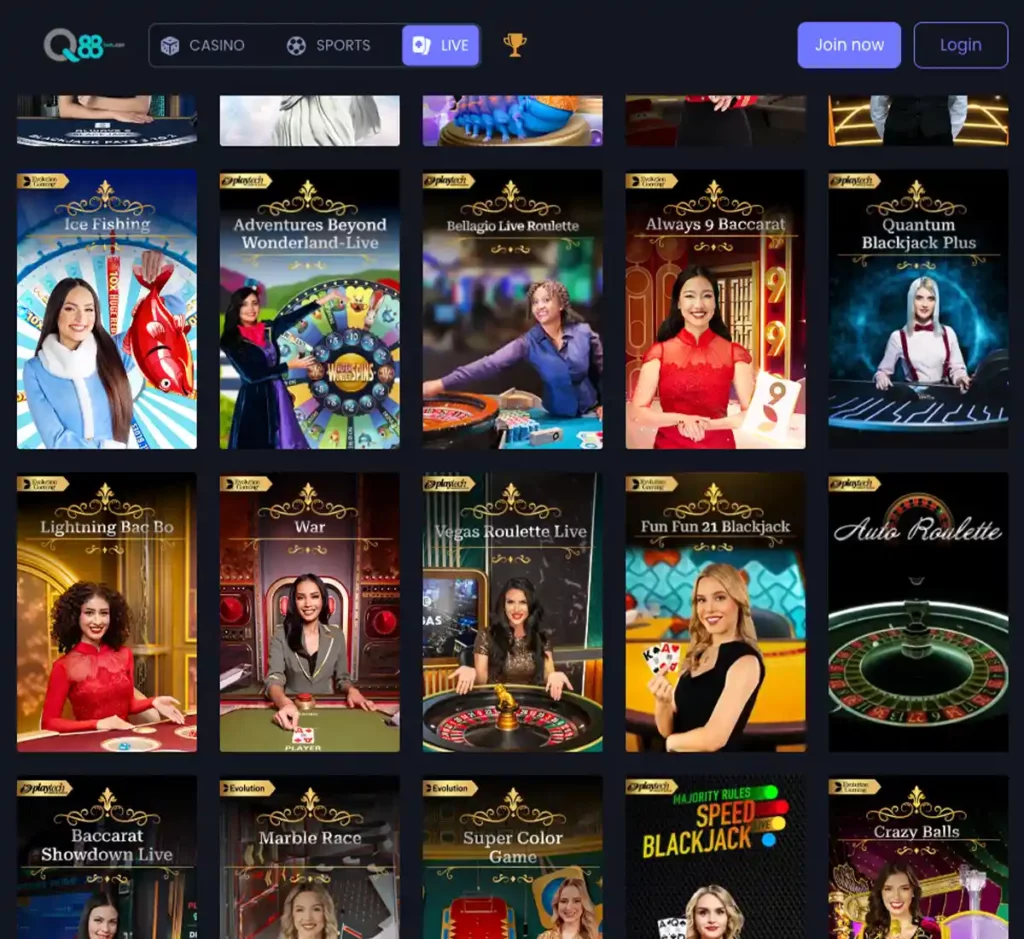 Q88Bets Casino desktop live casino screenshot displaying real-dealer tables including roulette, blackjack and baccarat with lobby navigation and betting interface - tested