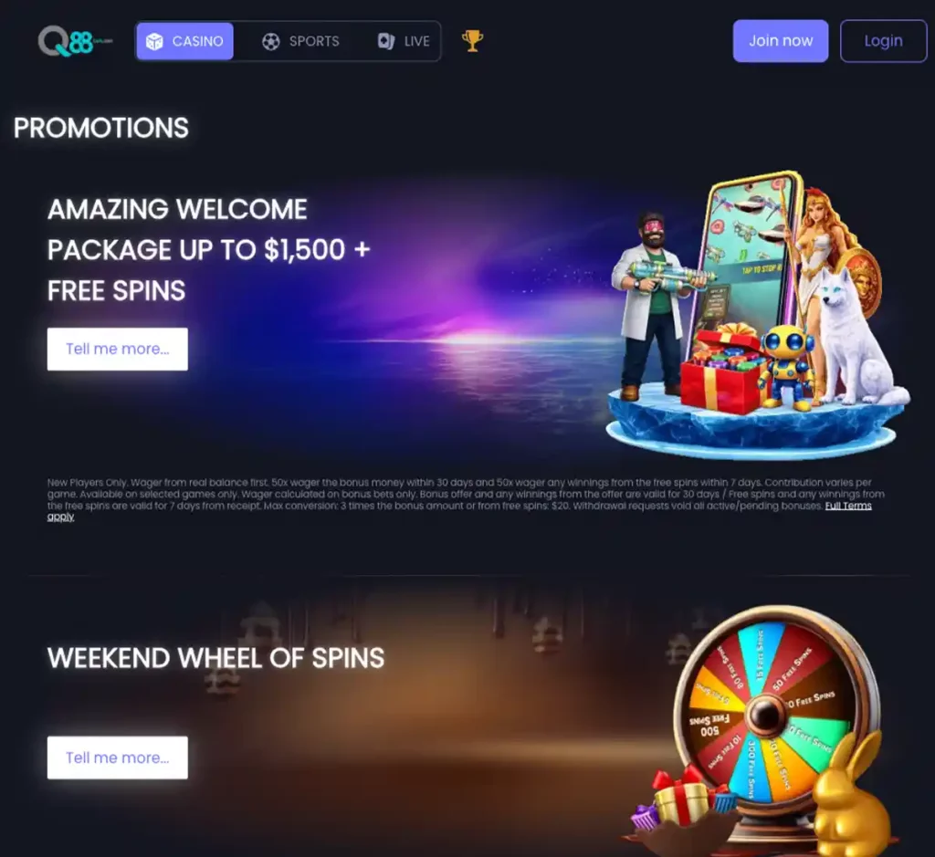 Q88Bets Casino desktop promotions screenshot showing promotional banners, bonus offers and promo details in the casino lobby - tested