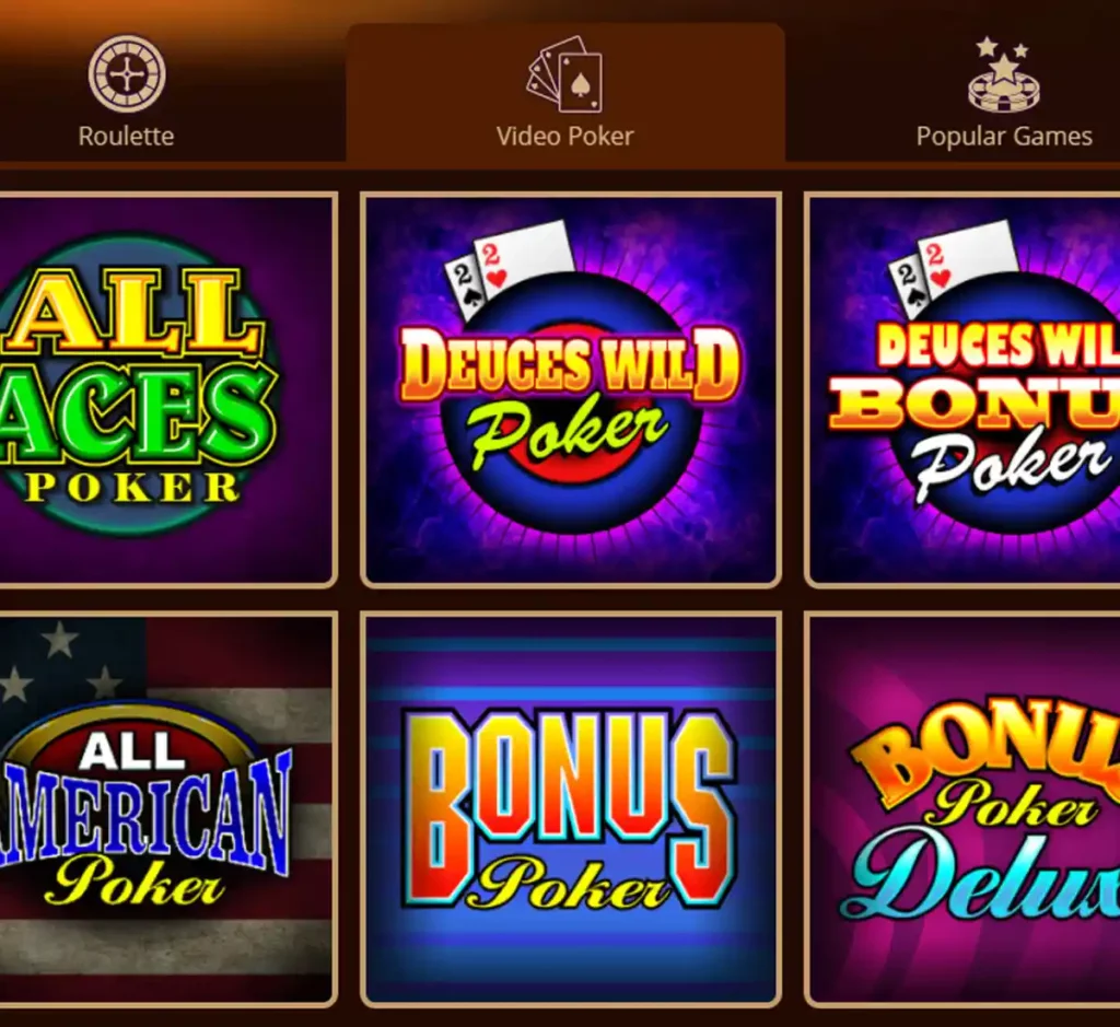 River Belle Casino desktop video poker screenshot showing video poker machines, paytables and betting interface in the casino lobby - tested