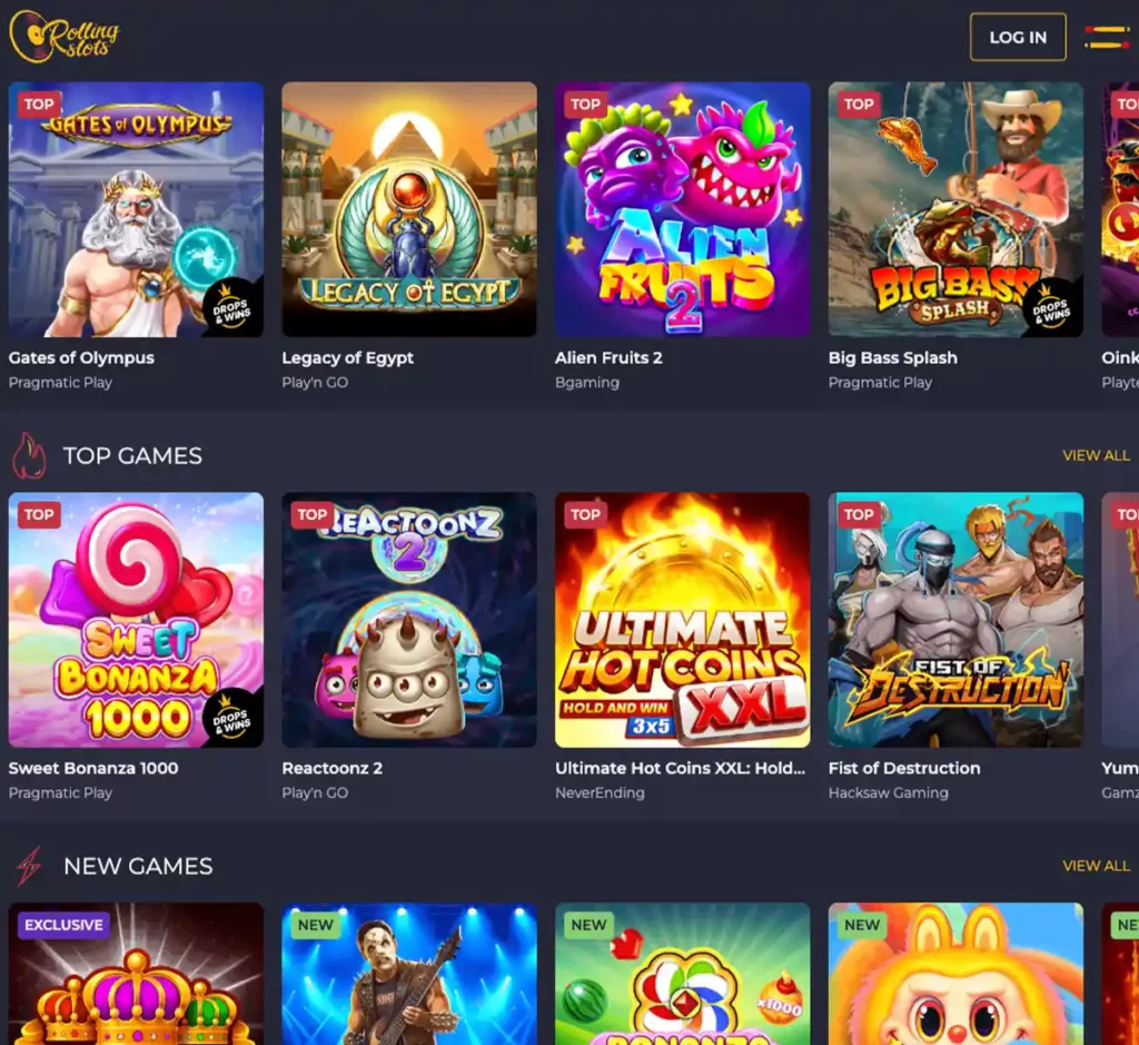 Rollingslots Casino desktop homepage screenshot showing casino lobby with featured games, promotions and top navigation - tested