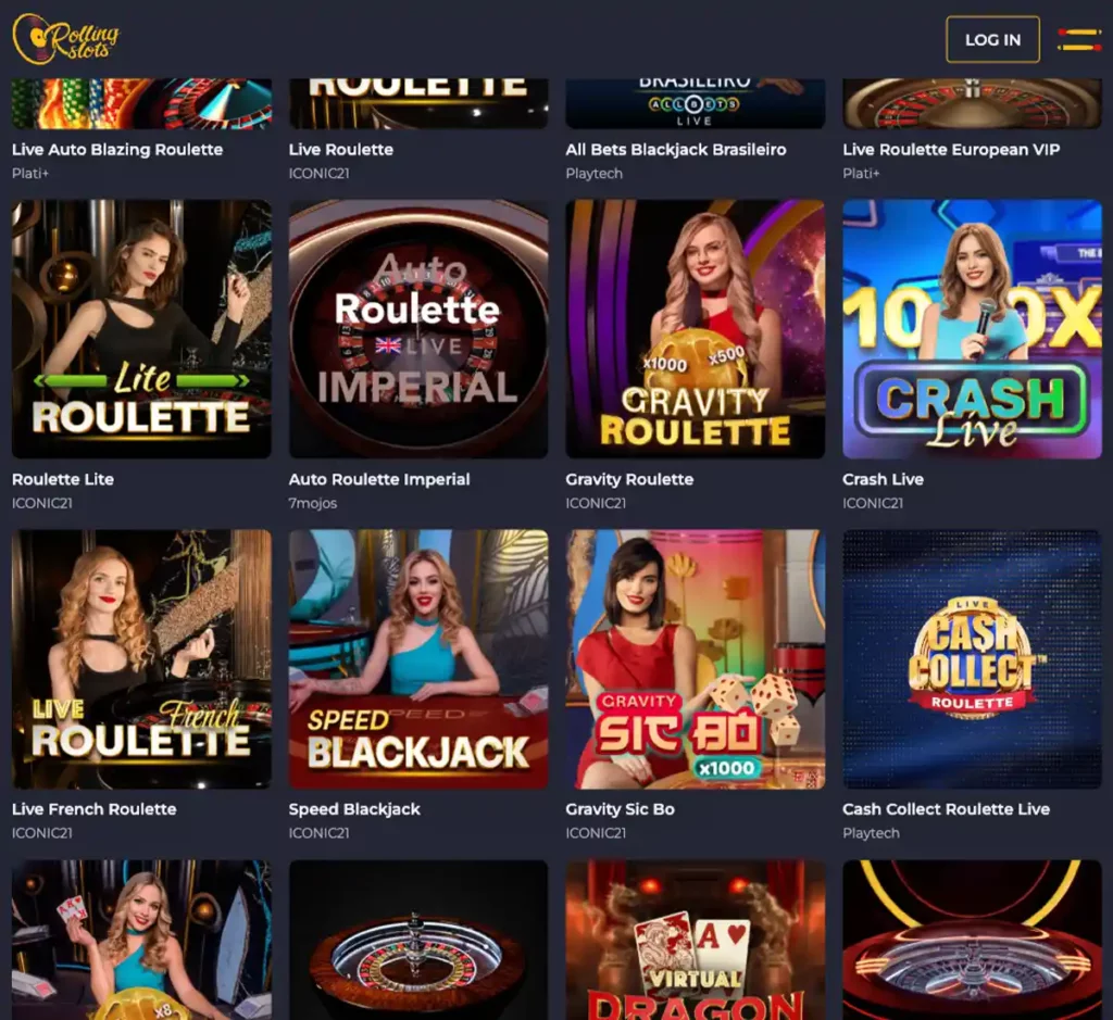 Rollingslots Casino desktop live casino screenshot displaying real-dealer tables including roulette, blackjack and baccarat with lobby navigation and betting interface - tested