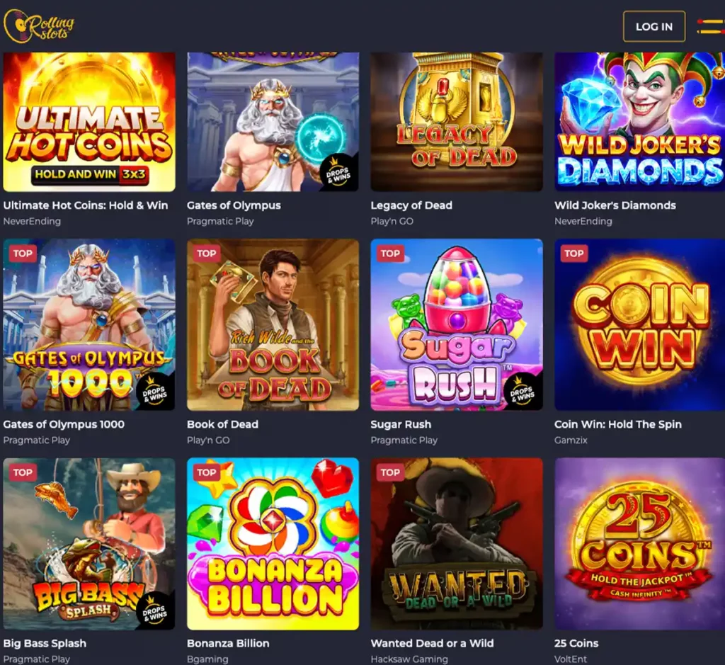 Rollingslots Casino desktop slots screenshot showing slot categories, featured titles and game providers in the casino lobby - tested