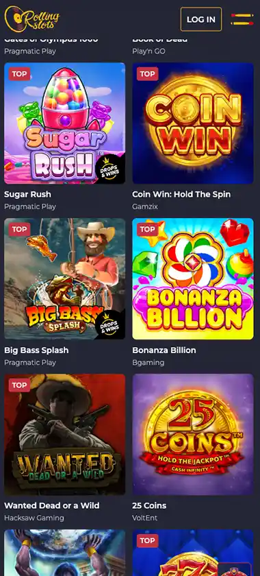 Rollingslots Casino mobile slots screenshot showing slot game thumbnails, categories and featured titles in the mobile game lobby - tested