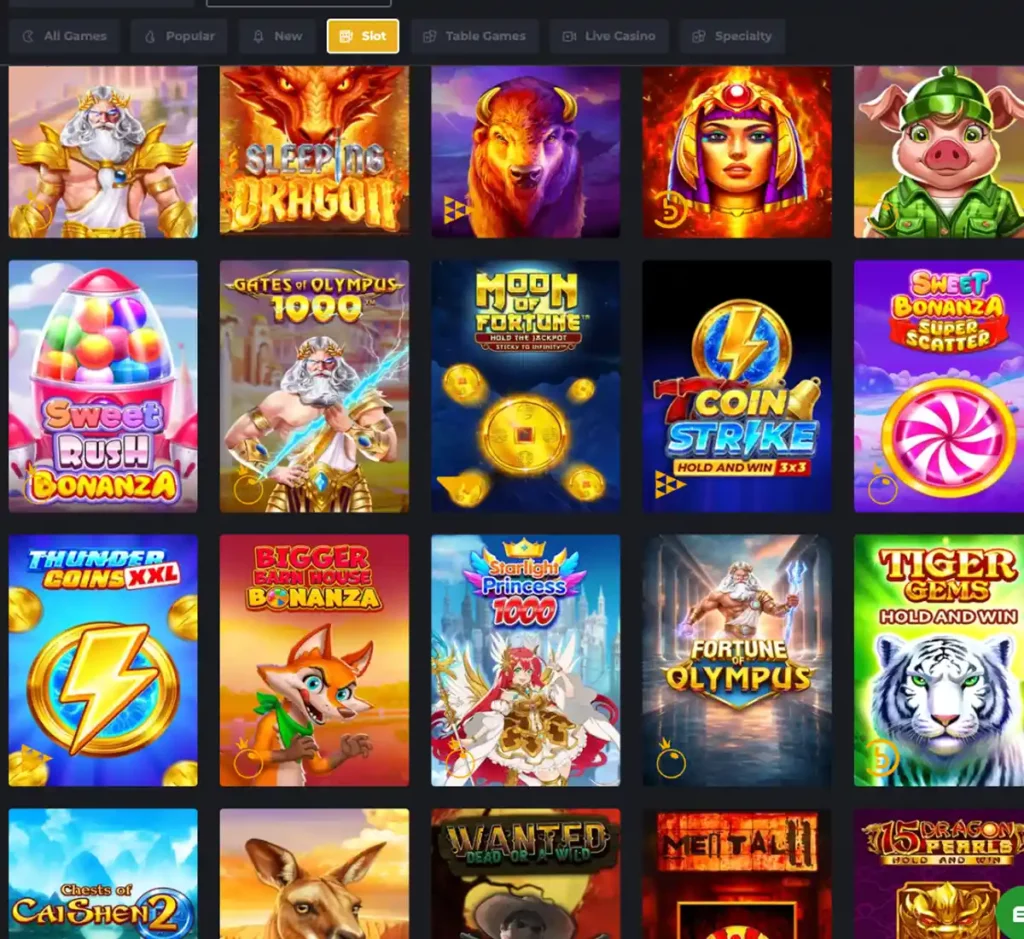 Royal Reels Casino desktop slots screenshot showing slot categories, featured titles and game providers in the casino lobby - tested