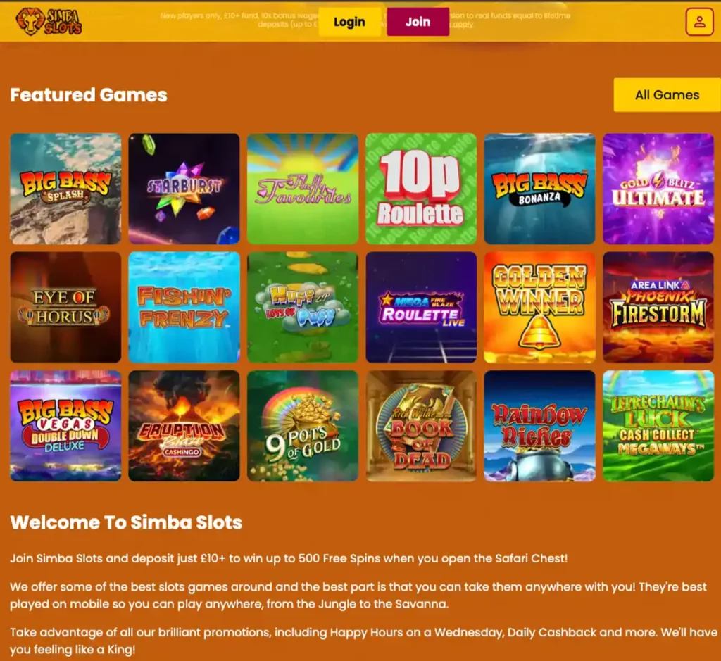 Simba Slots Casino desktop homepage screenshot showing casino lobby with featured games, promotions and top navigation - tested