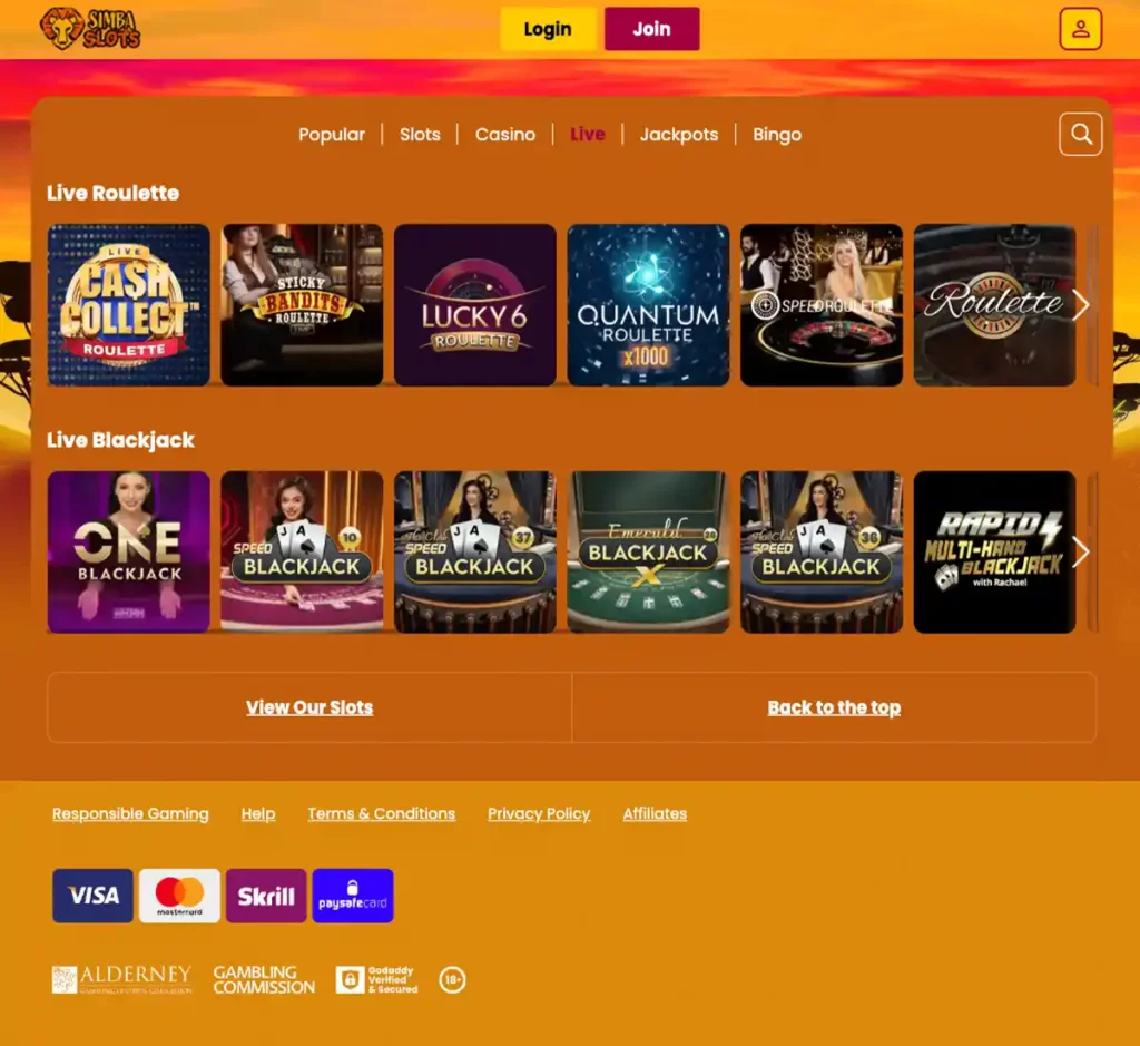 Simba Slots Casino desktop live casino screenshot displaying real-dealer tables including roulette, blackjack and baccarat with lobby navigation and betting interface - tested