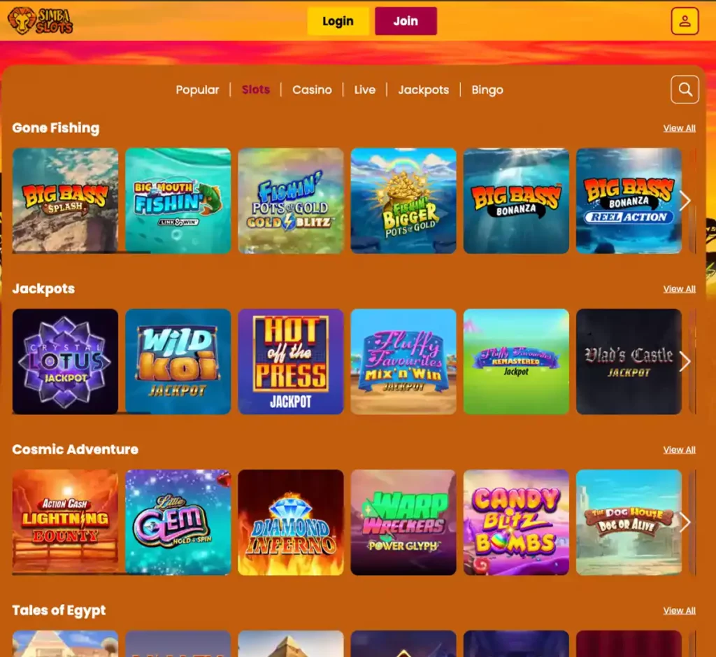 Simba Slots Casino desktop slots screenshot showing slot categories, featured titles and game providers in the casino lobby - tested