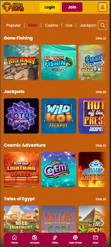 Simba Slots Casino mobile slots screenshot showing slot game thumbnails, categories and featured titles in the mobile game lobby - tested