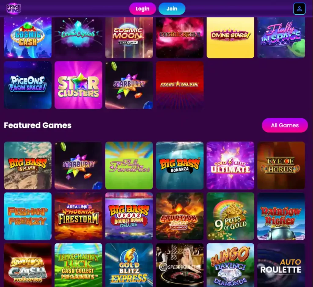 Space Wins Casino desktop homepage screenshot showing casino lobby with featured games, promotions and top navigation - tested