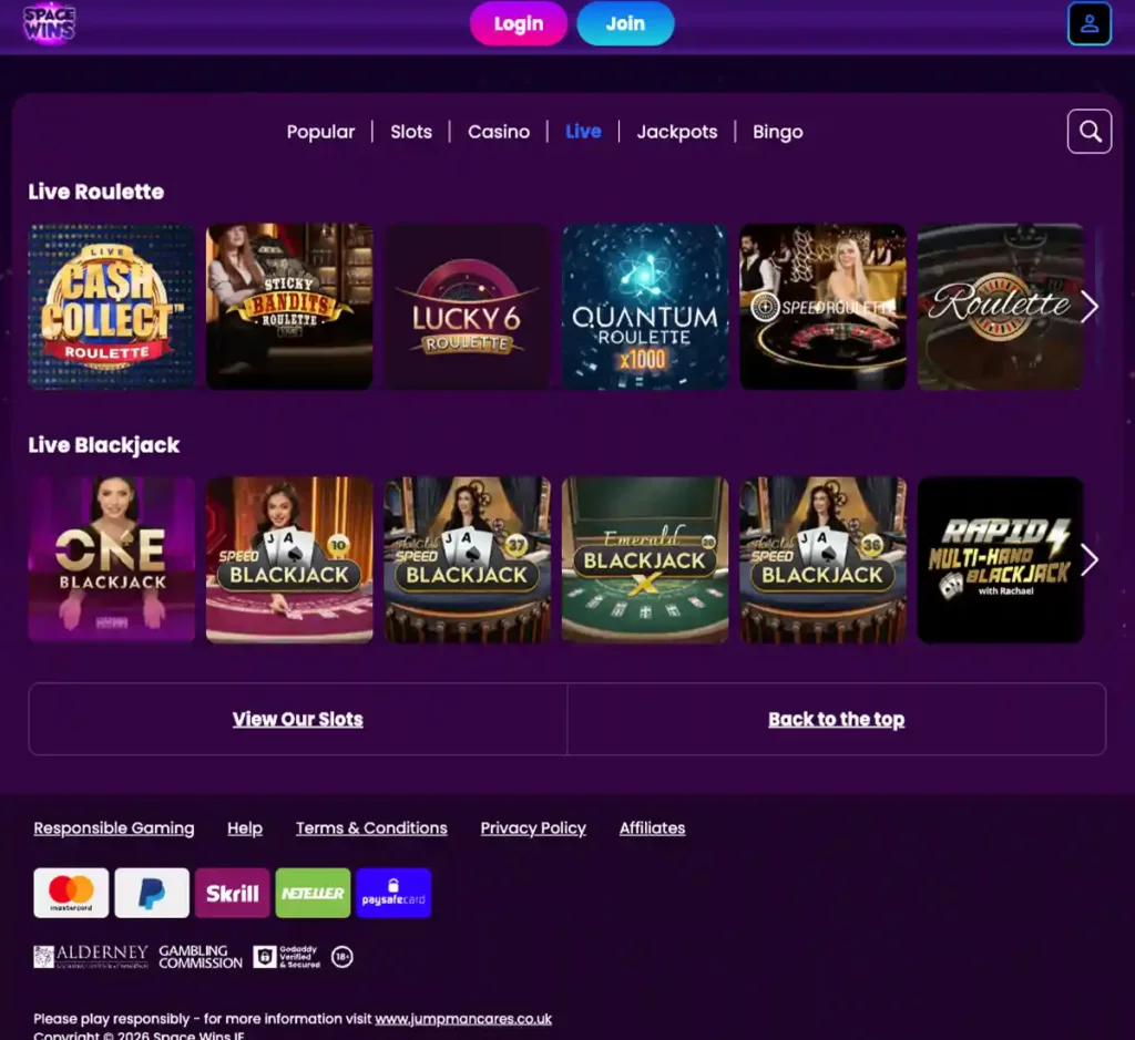 Space Wins Casino desktop live casino screenshot displaying real-dealer tables including roulette, blackjack and baccarat with lobby navigation and betting interface - tested