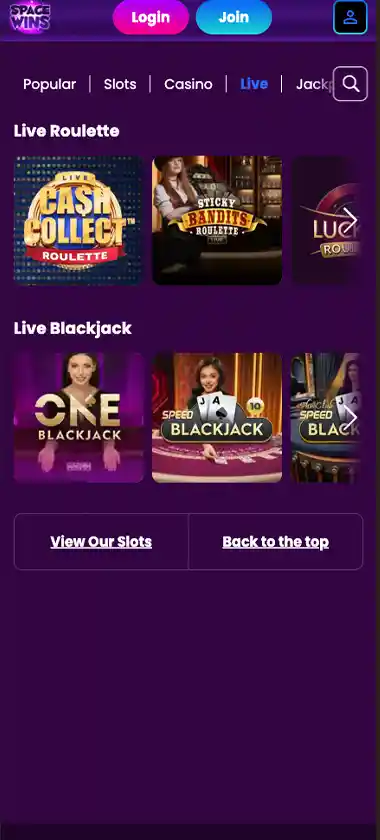 Space Wins Casino mobile live casino screenshot displaying live dealer tables including roulette, blackjack and baccarat with mobile lobby navigation and betting interface - tested