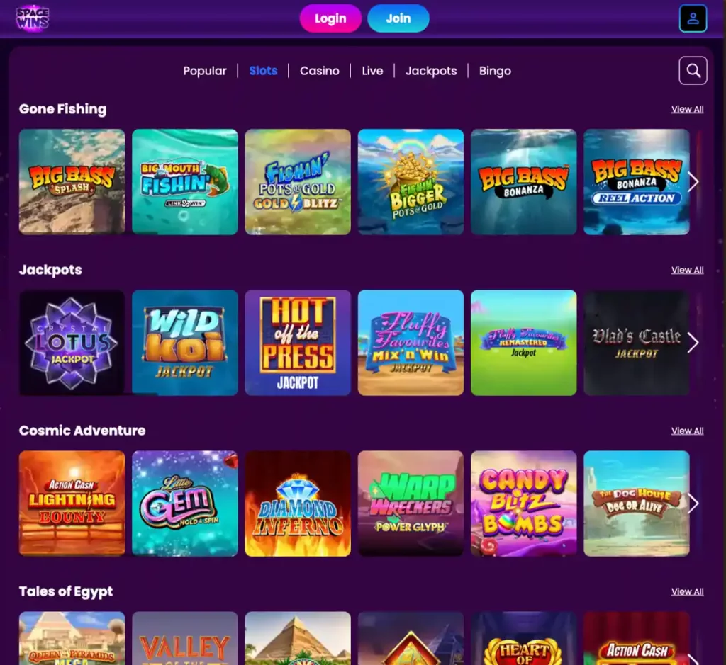 Space Wins Casino desktop slots screenshot showing slot categories, featured titles and game providers in the casino lobby - tested