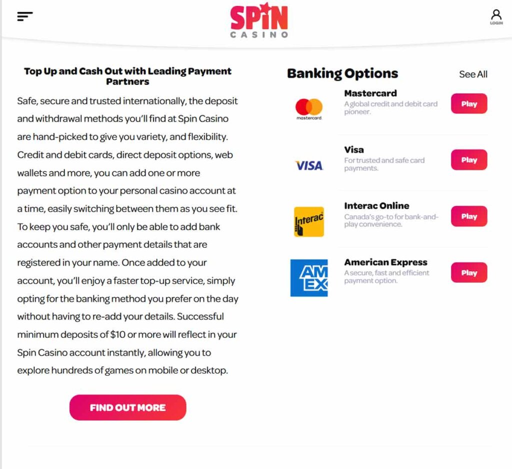 Spin Casino desktop banking options screenshot displaying available deposit and withdrawal methods including cards, e-wallets and cryptocurrencies - tested