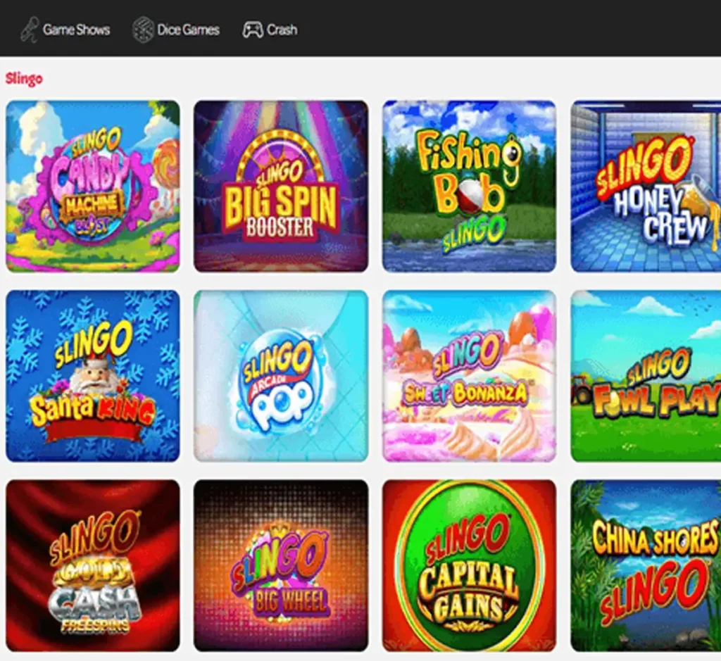 Spin Casino desktop slingo games screenshot showing slingo game selection, categories and filtering options - tested
