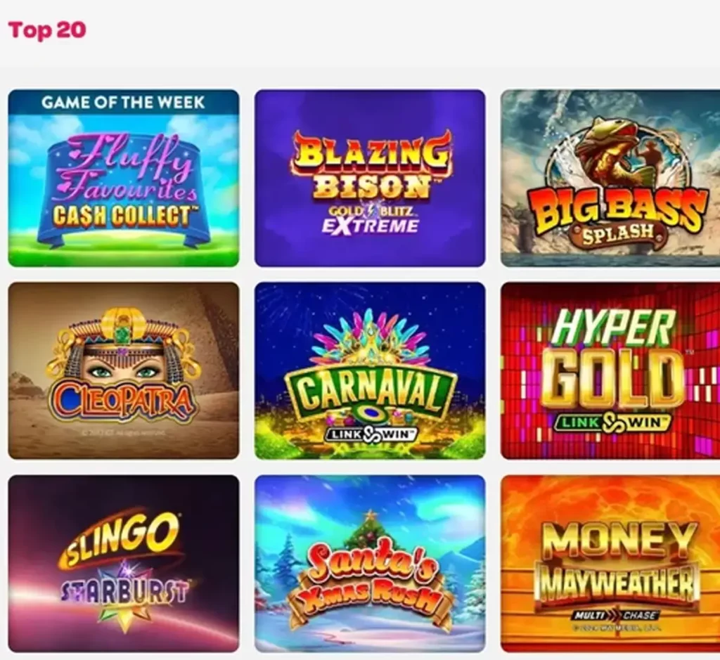 Spin Casino desktop top 20 games screenshot showing most popular games and trending titles - tested