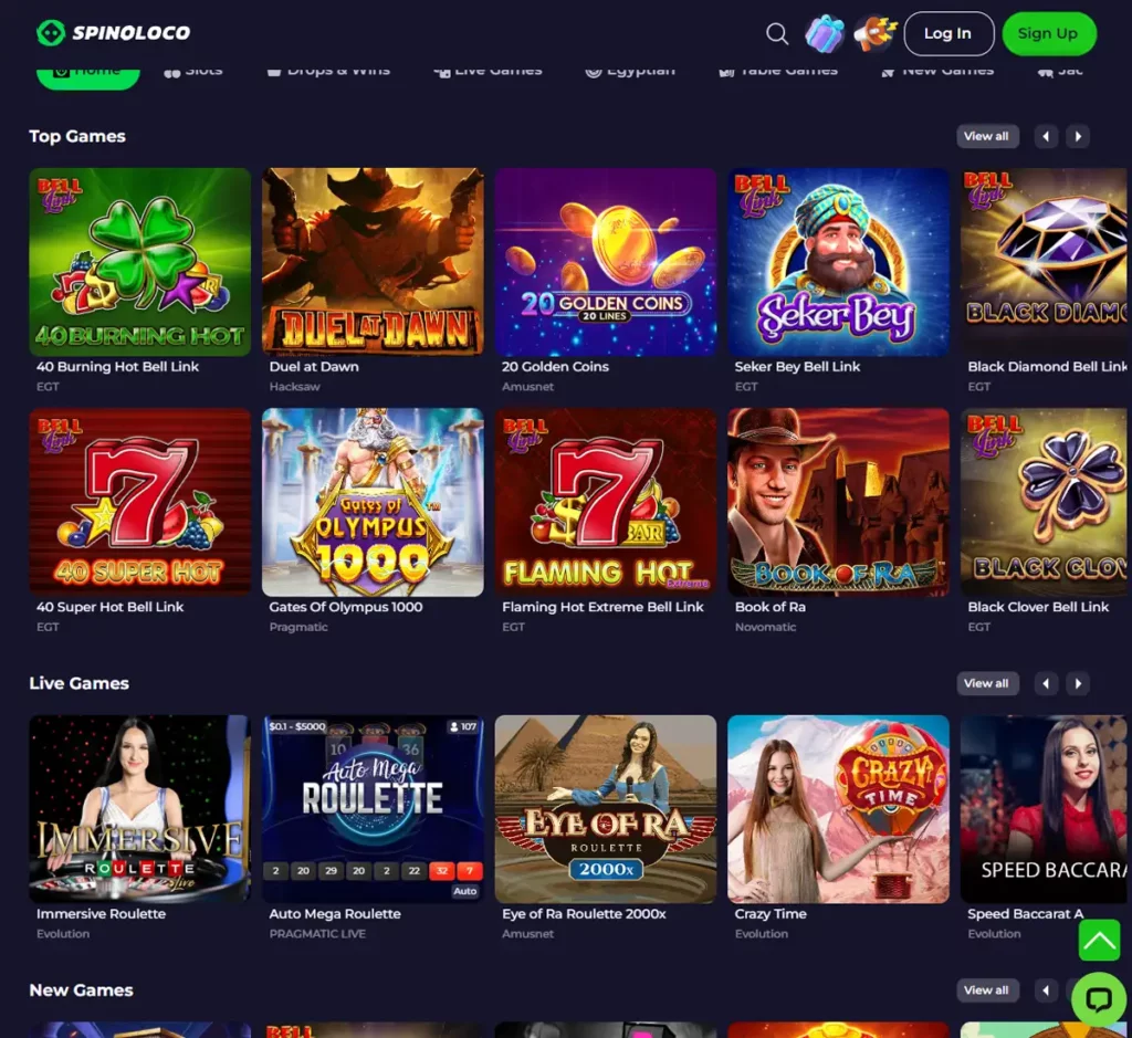 Spinoloco Casino desktop home page screenshot showing main navigation, featured games and promotional banners - tested
