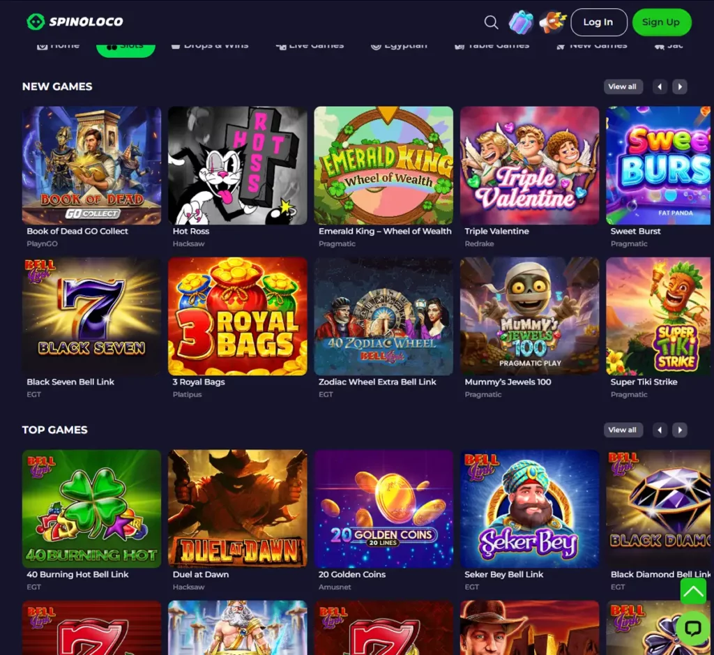Spinoloco Casino desktop slots variety screenshot showing multiple slot categories, featured games and provider filters - tested