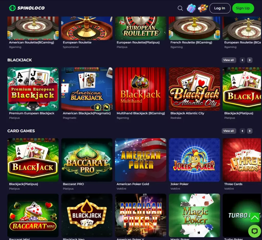 Spinoloco Casino desktop table games collection screenshot showing various table games, categories and filtering options - tested