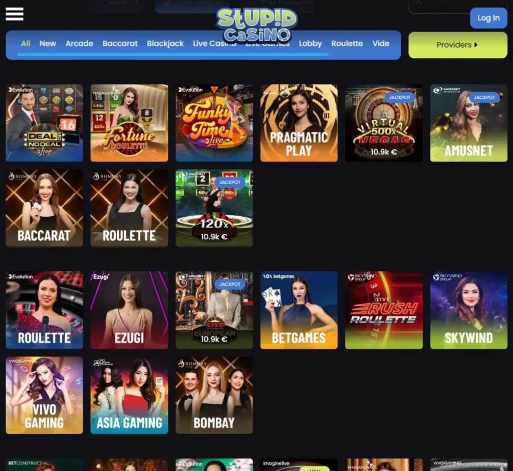 Stupid Casino desktop live dealer games collection screenshot showing roulette, blackjack and baccarat tables in lobby view with categories and provider filters - tested