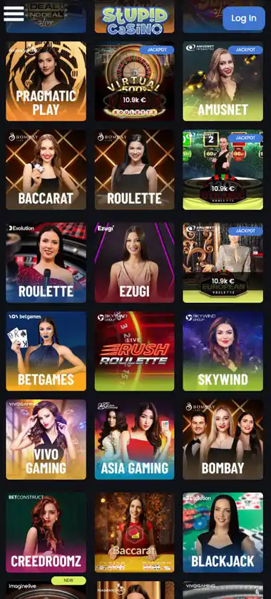 Stupid Casino mobile live dealer games collection screenshot displaying available live tables and categories with mobile-friendly interface/navigation - tested