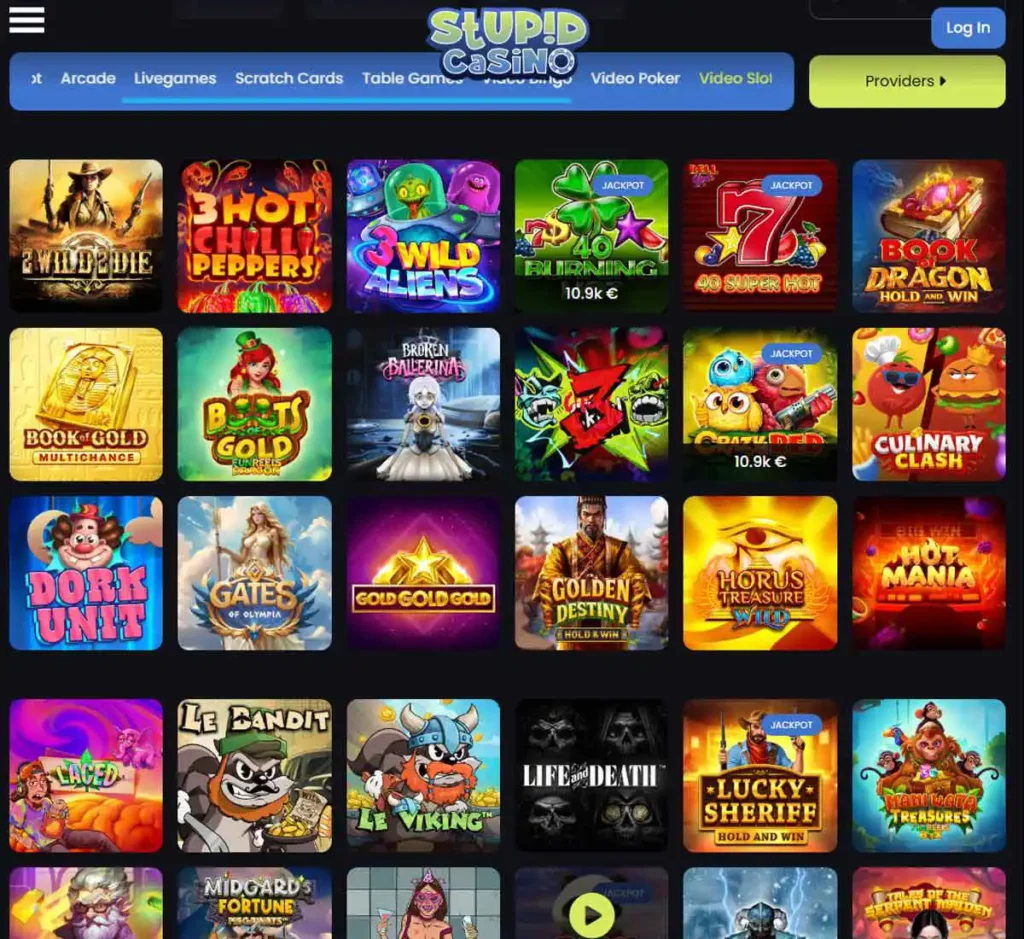 Stupid Casino desktop slot screenshot showing multiple slot categories, featured games and provider filters - tested