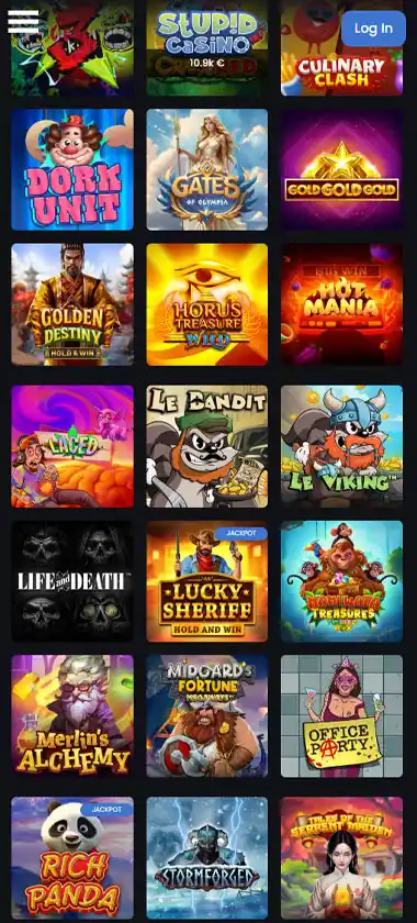 Stupid Casino mobile slot screenshot displaying featured slots, categories and touch-optimized navigation - tested