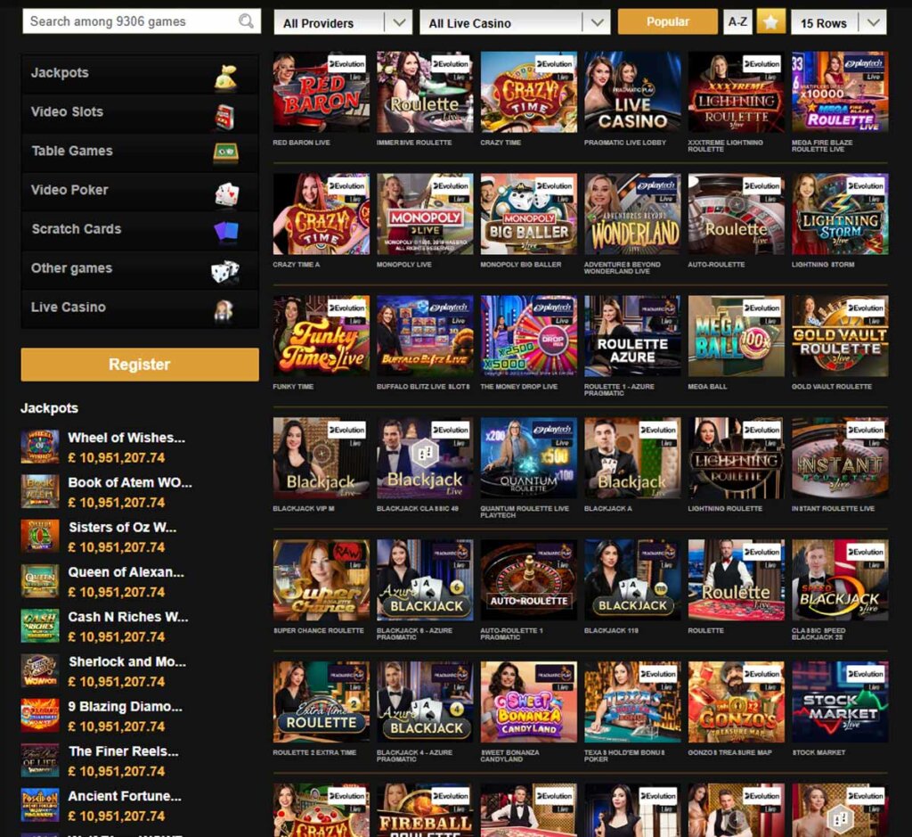 Videoslots Casino desktop live dealer games collection screenshot showing roulette, blackjack and baccarat tables in lobby view - tested