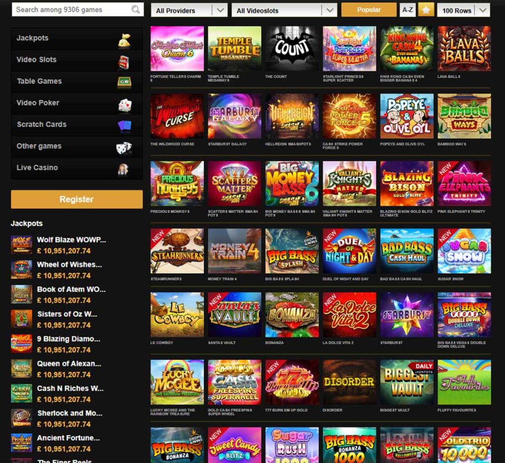 Videoslots Casino desktop slots variety screenshot showing multiple slot categories, featured games and provider filters - tested