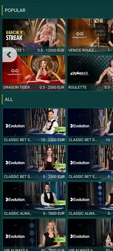Vivatbet Casino mobile live casino screenshot displaying live dealer tables including roulette, blackjack and baccarat with mobile lobby navigation and betting interface - tested