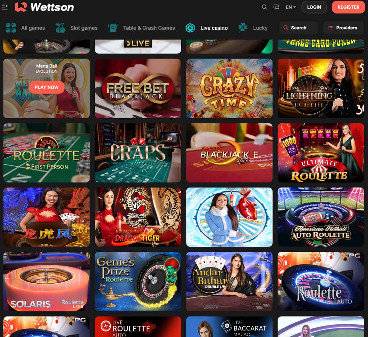 Wettson Casino desktop live casino screenshot showing real dealer tables including roulette, blackjack and baccarat on smartphone interface   tested