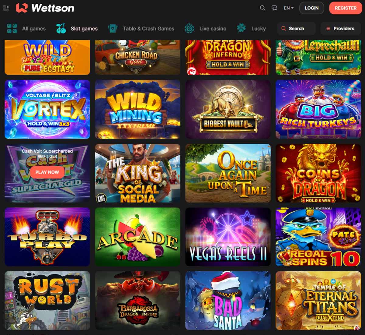 Wettson Casino desktop slots screenshot showing slot game categories, featured titles and filtering options   tested