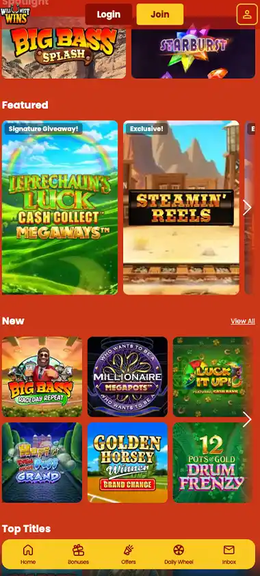 Wild West Wins mobile homepage screenshot showing featured games, navigation menu and promotional banner on the mobile interface - tested