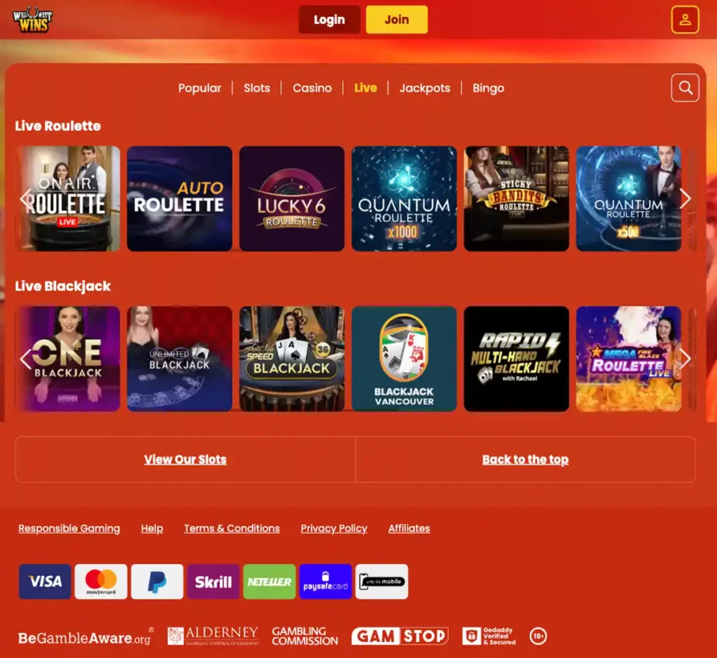 Wild West Wins desktop live casino screenshot displaying real-dealer tables including roulette, blackjack and baccarat with lobby navigation and betting interface - tested