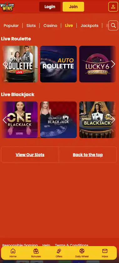 Wild West Wins mobile live casino screenshot displaying live dealer tables including roulette, blackjack and baccarat with mobile lobby navigation and betting interface - tested