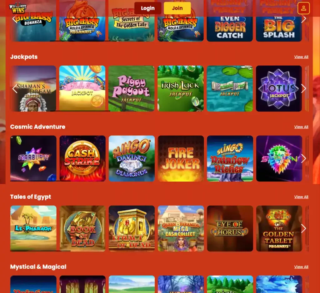 Wild West Wins desktop slots screenshot showing slot categories, featured titles and game providers in the casino lobby - tested