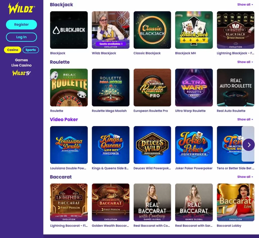 Wildz Casino desktop table games collection screenshot showing various table games, categories and filtering options - tested