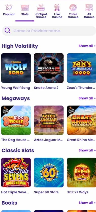 Wildz Casino mobile slots variety screenshot displaying featured slots, categories and touch-optimized navigation - tested