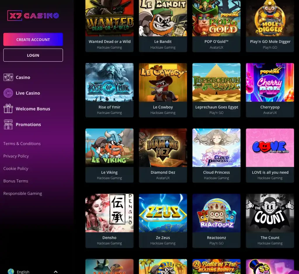 X7Casino desktop game selection screenshot showing complete games library, filters, provider logos and featured titles in the casino lobby - tested